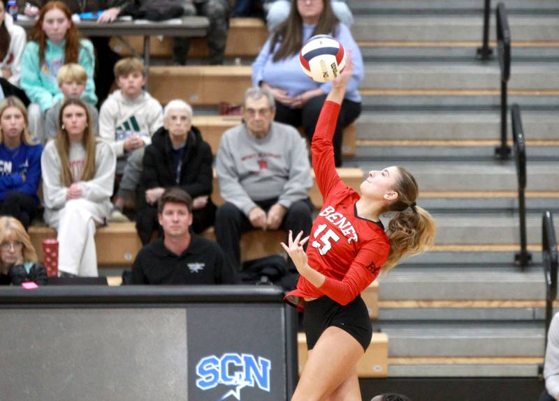 Benet’s Sophia Chinetti goes up for a kill during the Class 4A St. Charles North Supersectional on Monday, Nov. 11, 2024 against New Trier.