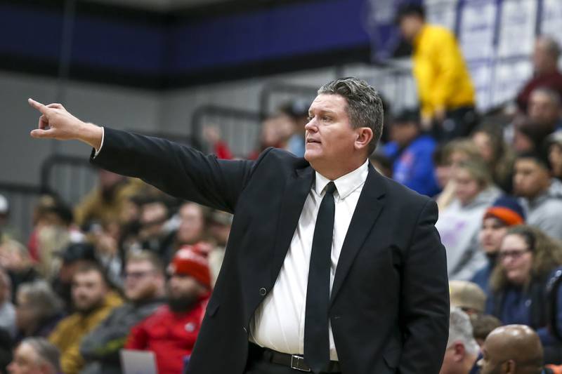 Yorkville Christian's head coach Aaron Sovern directs the team during their Plano Christmas Classic semi-final basketball game between Yorkville Christian at Plano Monday, Dec 29, 2025 in Plano.