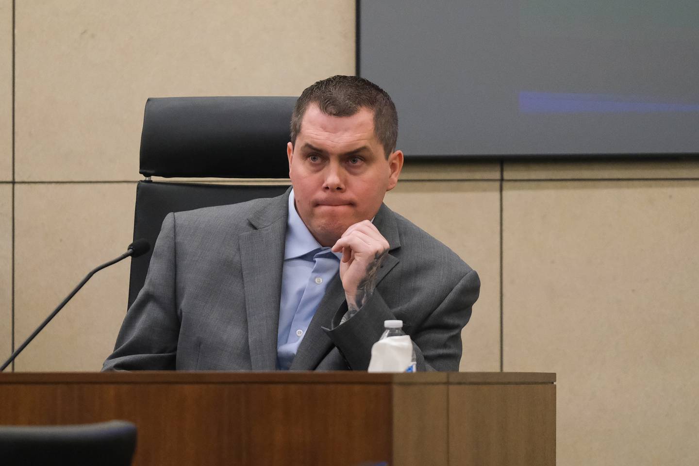 Jeremy Boshears, 36, answers question during cross examination. Boshears is charged with the murder of Kaitlyn “Katie” Kearns, 24, on Nov. 13, 2017. Wednesday, April 27, 2022, in Joliet.