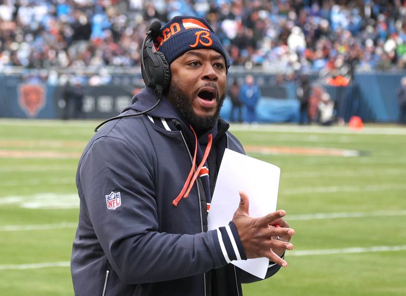 Chicago Bears interim head coach Thomas Brown calls a timeout late in the first half during their game against the Detroit Lions Sunday, Dec. 22, 2024, at Soldier Field in Chicago.