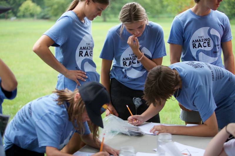 Participants taking part in The Amazing Race Hardy Strong at Mt. St. Mary Park in St. Charles on Saturday, August 5, 2023