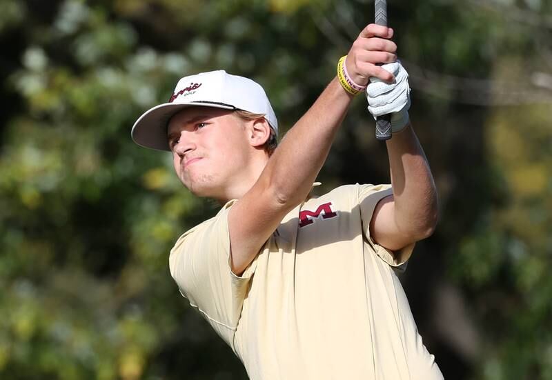 Morris’ Liam Eber tees off on the fourth hole Monday, Sept. 23, 2024, during the Interstate 8 boys golf tournament at the Kishwaukee Country Club in DeKalb.
