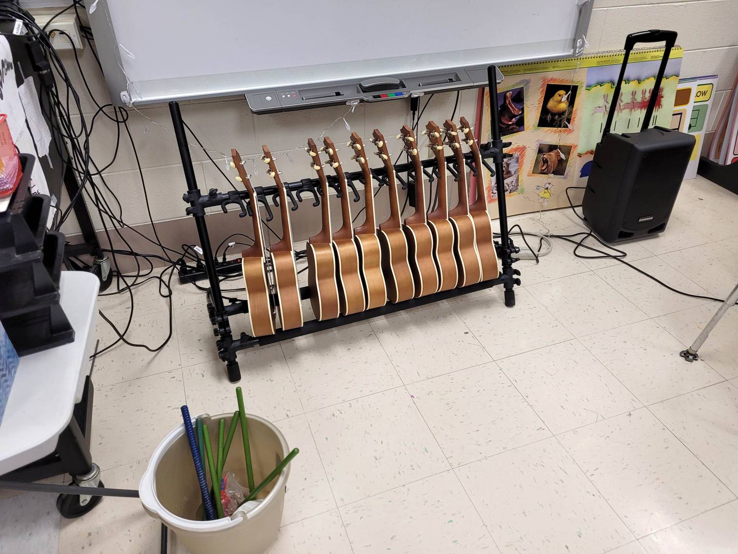 Ukuleles and other instruments sit ready to go in Brianne Borgman's music class. Borgman teaches music at Malta and Jefferson elementary schools in DeKalb District 428. (Photo provided by Brianne Borgman)