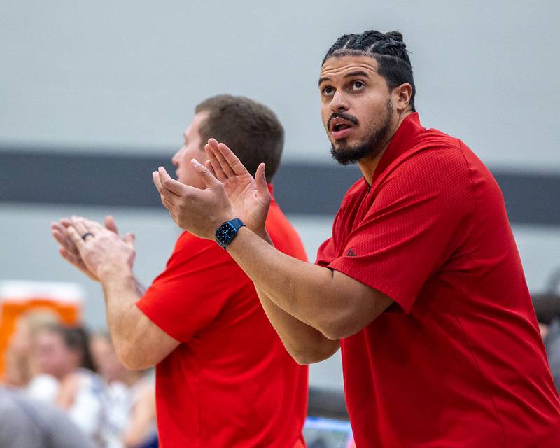 Streator Assistant Coach, Jay Slone claps after team scores on Monday, November 17, 2025 at Seneca High School in Seneca.