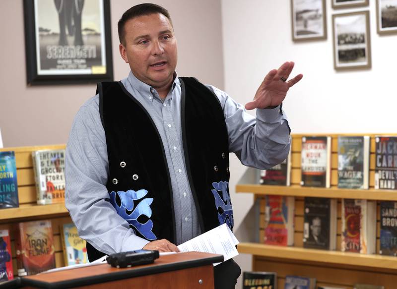 Raphael J. Wahwassuck a tribal council member from the Prairie Band Potawatomi Nation answers a question Monday, Aug. 5, 2024, at the Flewellin Memorial Library in Shabbona. Wahwassuck and U.S. Rep. Lauren Underwood, D-Naperville, were on hand for a town hall regarding the Prairie Band Nation Potawatomi Tribe land transfer in DeKalb County.
