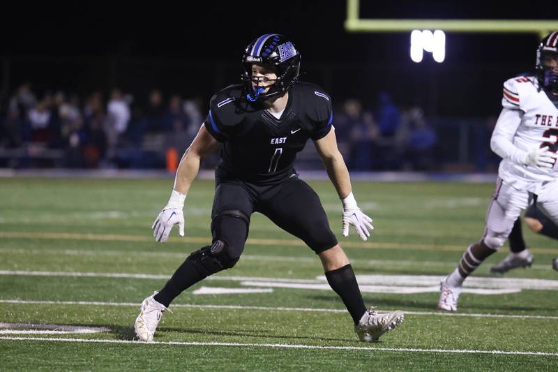 Lincoln-Way East’s Jake Scianna eyes the quarterback against Bolingbrook. Friday, Sept. 23, 2022, in Frankfort.