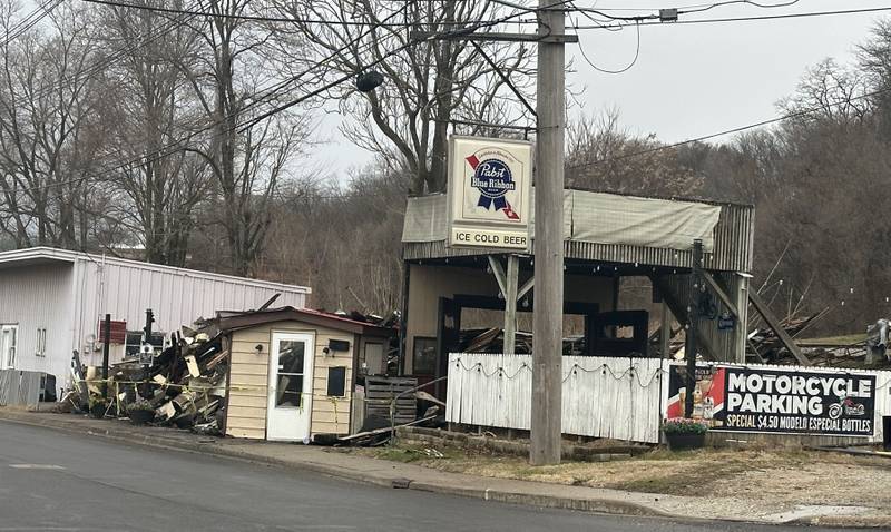 A view of the aftermath of the fire at the former Platform 31 tavern on Tuesday, March 25, 2025 on Water Street in Peru. The three-alarm fire started around 8:30a.m. on Monday. many fire departments from across the Illinois Valley region assisted in the blaze. The building is a total loss.