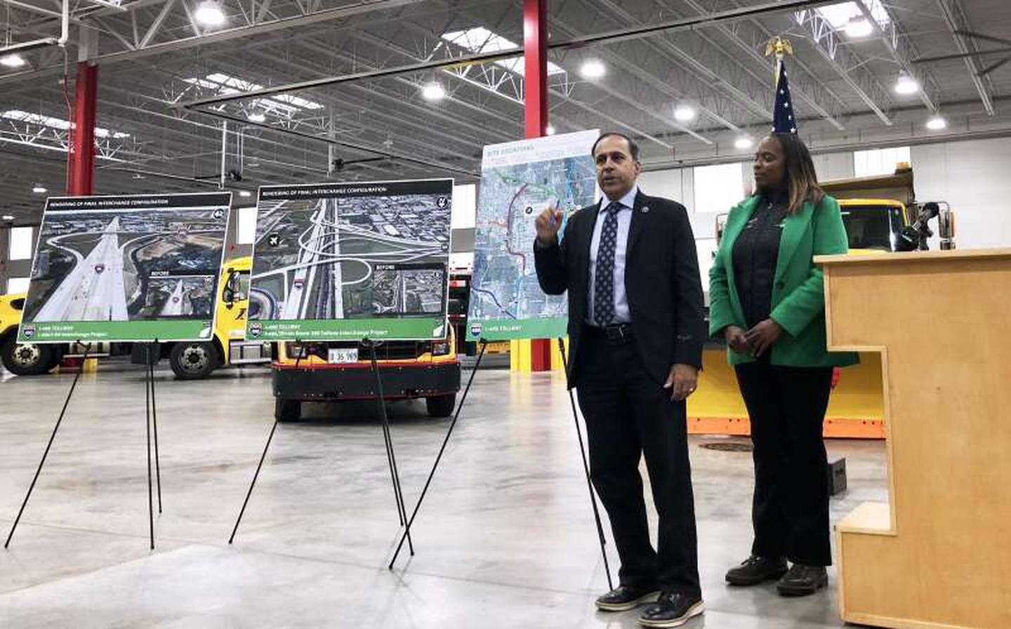 U.S. Rep. Raja Krishnamoorthi with Illinois tollway Executive Director Cassaundra Rouse give an update on the I-490 road construction project on Monday.
