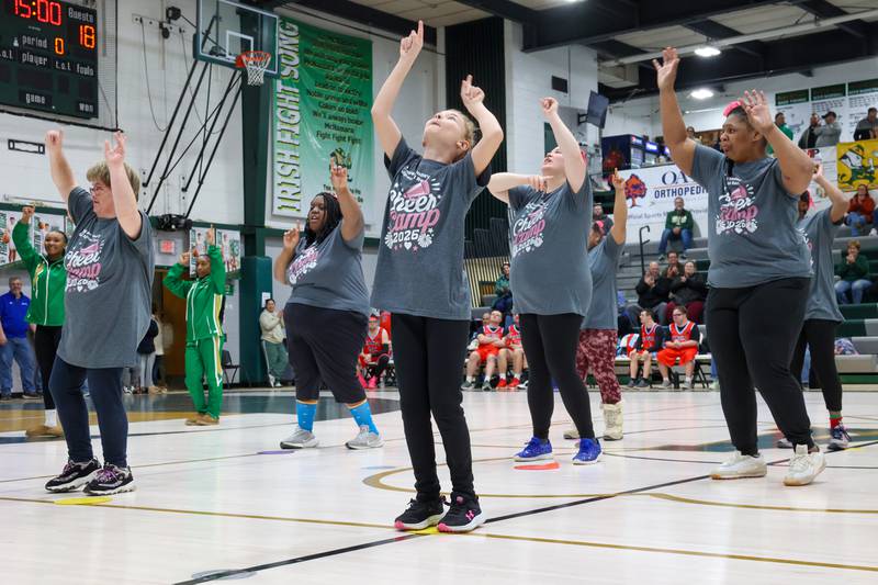 River Valley Special Rec cheerleaders perform at halftime of the RVSRA game against Lincolnway Special Recreation Association at Bishop McNamara on Friday, Jan. 30, 2026.