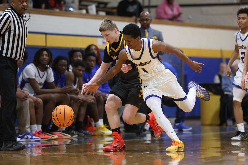 Joliet West’s Trooper Price and Joliet Central’s Bernal Fox on Thursday, Jan. 15, 2026 in Joliet.