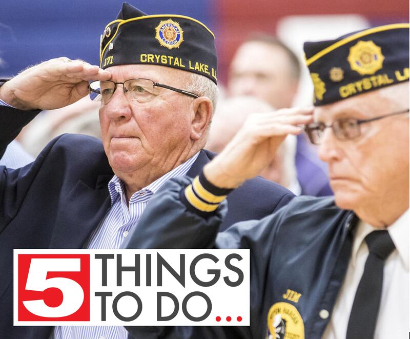 Navy veterans Tom Aellig (left) of Crystal Lake and Jim Dyson of Crystal Lake listen to the National Anthem during Thursday's Veterans Day ceremony at McHenry County College in Crystal Lake Nov. 10, 2016. The McHenry County College band and chorus performed patriotic music during the event.