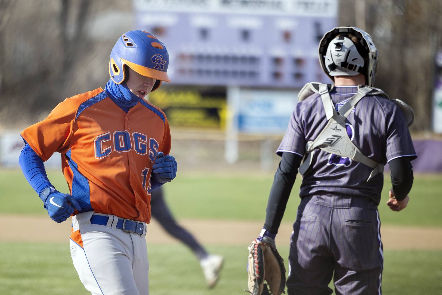 Genoa-Kingston’s Nathan Kleba scores the first run against Dixon Monday, April 7, 2025.