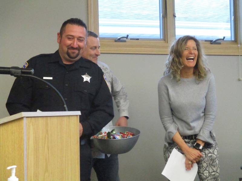 Yorkville police Officer Ryan Goldsmith was honored by Yorkville Intermediate School fourth-grade teachers Scott Beavers and Heather Miragliotta at the April 26, 2022 Yorkville City Council meeting. (Mark Foster -- mfoster@shawmedia.com)