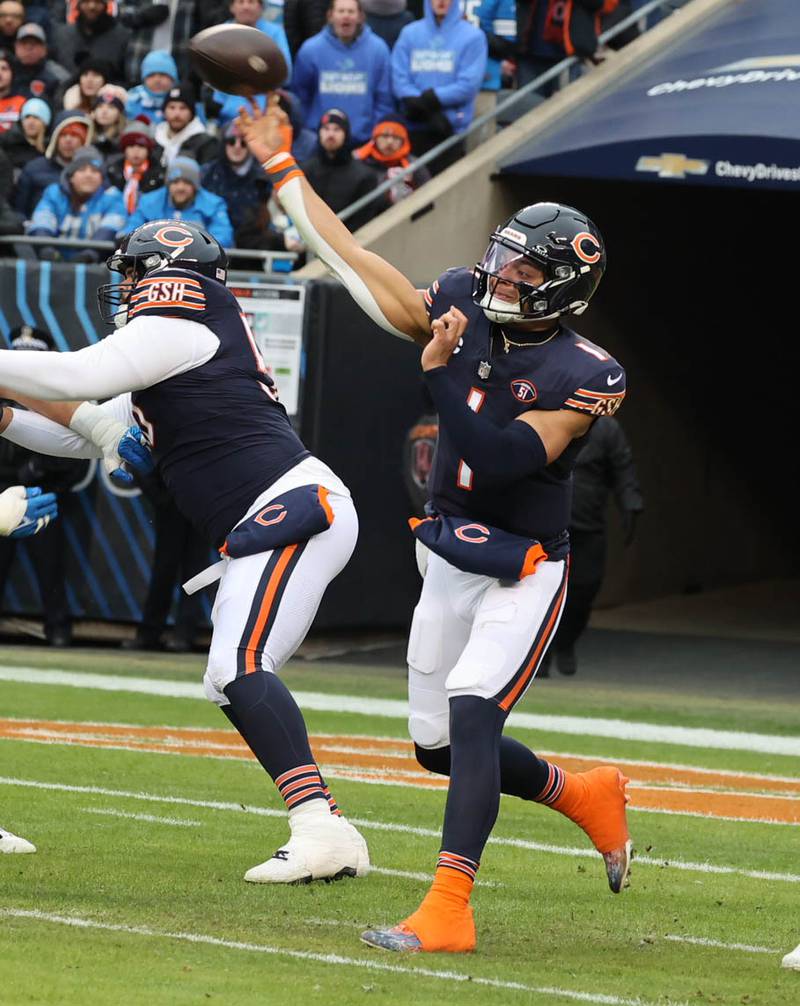Chicago Bears quarterback Justin Fields fires a pass during their game against the Detroit Lions Sunday, Dec. 10, 2023 at Soldier Field in Chicago.