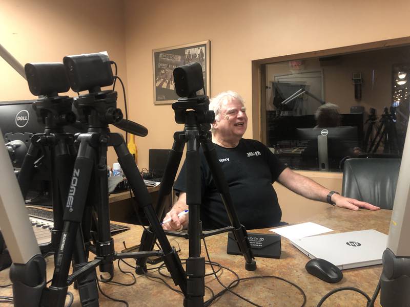 Henry Stevens, station manager at WHIW, 101.3 FM in Harvard, on Thursday, May 8, 2025. The station went on the air on May 17, 2015.