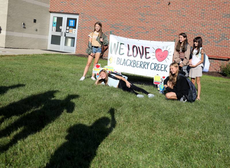 Fifth-graders pose for a photo on the first day of school at Kaneland Blackberry Creek Elementary School in Elburn on Wednesday, Aug. 17, 2022