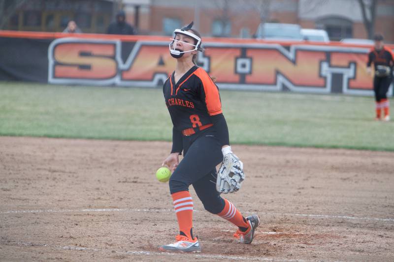 St. Charles East's Grace Hautzinger delivers a pitch against West Aurora on April 6,2022 in St. Charles.