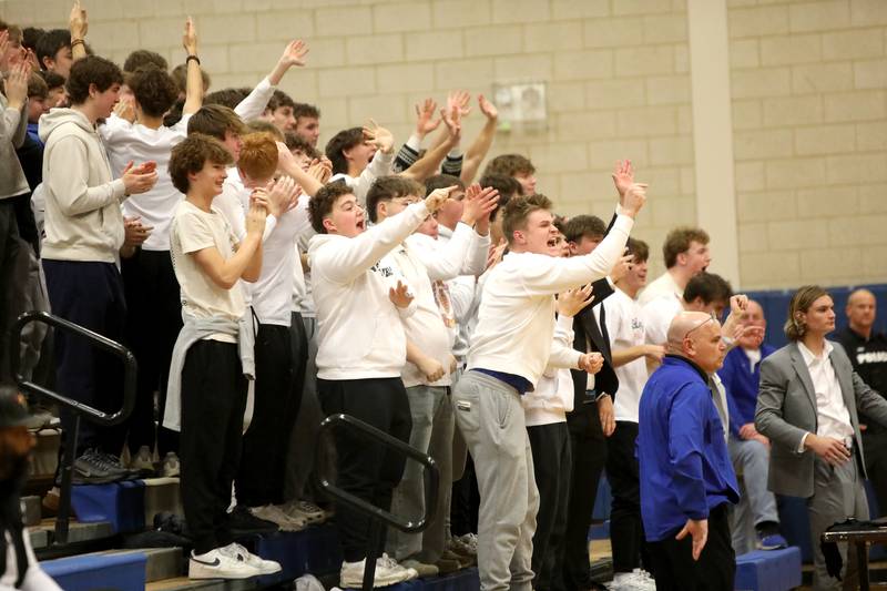 Geneva fans celebrate their one-point lead in the final seconds of a game against Wheaton Warrenville South on Friday, Jan. 24, 2025 at Geneva.