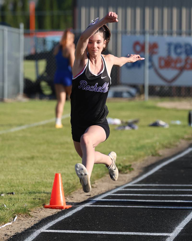 Rochelle’s Zoey Shabacker competes in the triple jump Friday, May 15, 2026, during the Class 2A girls track sectional at Genoa-Kingston High School.