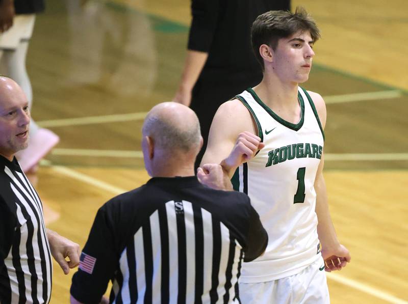 Kishwaukee College's Ben Larry greets the officials Thursday, Jan. 22, 2026, before their game against the Rockford University JV team at Kishwaukee College in Malta.