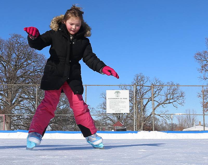Madelyn McCarty 7, of Princeton skates at Alexander Ice Rink on Saturday, Jan. 20, 2024 in Princeton. The ice rink is open noon to 8p.m. Monday through Thursday and noon to 7p.m. Friday, Saturday and Sunday. Stop by the front desk of the Bureau County Metro Center to rent skates for $5 a pair.