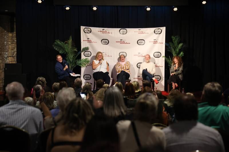 Lockport resident Ron Lif leads a question and answer with actors Bridget Everett and Jeff Hiller and co-creators Paul Thureen and Hannah Bow at the HBO premiere of Somebody Somewhere at Roxy Lockport on Wednesday, Oct. 30, 2024 in Lockport.