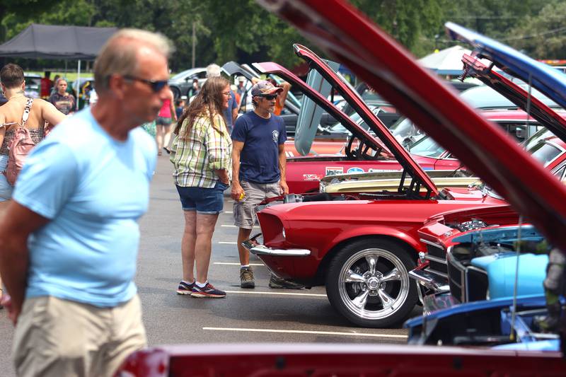 People look at classic cars during Fiesta Days at Petersen Park in McHenry Sunday.