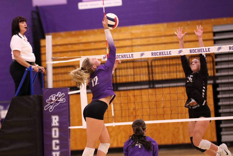 Rochelle's Jillian Bruns tips the ball during a match with Kaneland on Sept. 23, 2025. Rochelle won the match in three sets.