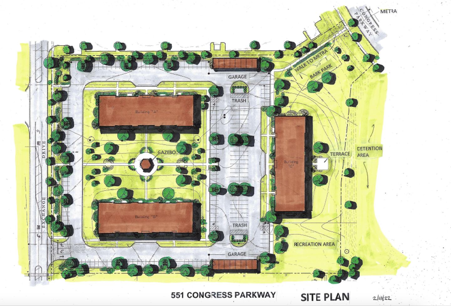 A site plan of the proposed 93-unit apartment complex at 551 Congress Parkway, Crystal Lake.