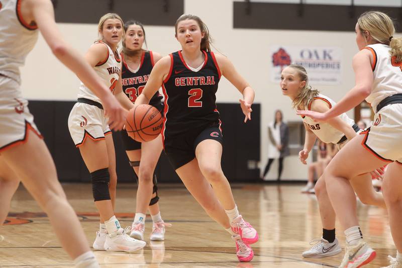Lincoln-Way Central’s Gracen Gehrke looks to make a play against Lincoln-Way West on Monday, Jan. 22nd, 2024 in New Lenox.
