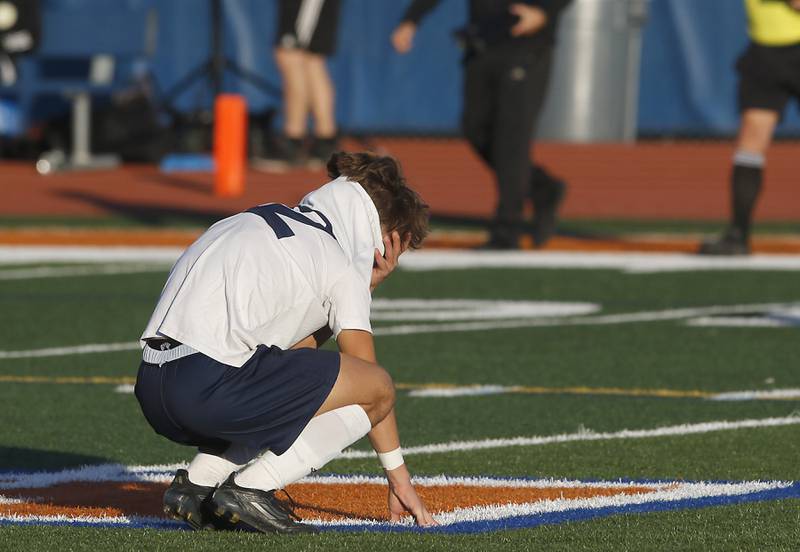 Lemont’s Billy Eliadis tries to contain his emotions after Lemont lost to Belleville Althoff Catholic 1 -0 in an IHSA Class 3A state semifinal soccer match on Friday, Nov. 8, 2024, at Hoffman Estates High School.