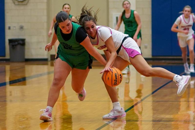 Batavia’s Hallie Crane (right), steals the ball from York's Amelie Van Heukelum during a Class 4A Geneva Regional final basketball game at Geneva High School on Thursday, Feb. 20, 2025.