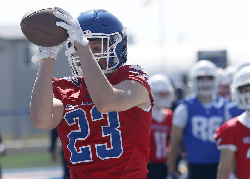 Dundee-Crown's Max Backus catches a pass at the Northern Burbs Football Showcase on Monday, May 4, 2026, at Johnsburg High School. Over 165 players from 15 teams demonstrated their football skills to over 60 college coaches.