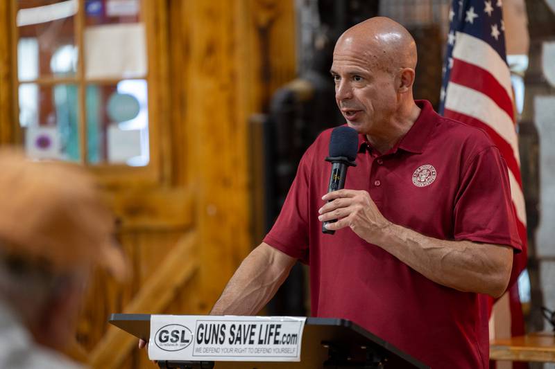 Executive Director of 'Guns Save Life', John Bosch speaks on Thursday, Aug 21, 2025 at Jamie's Outpost in Utica.