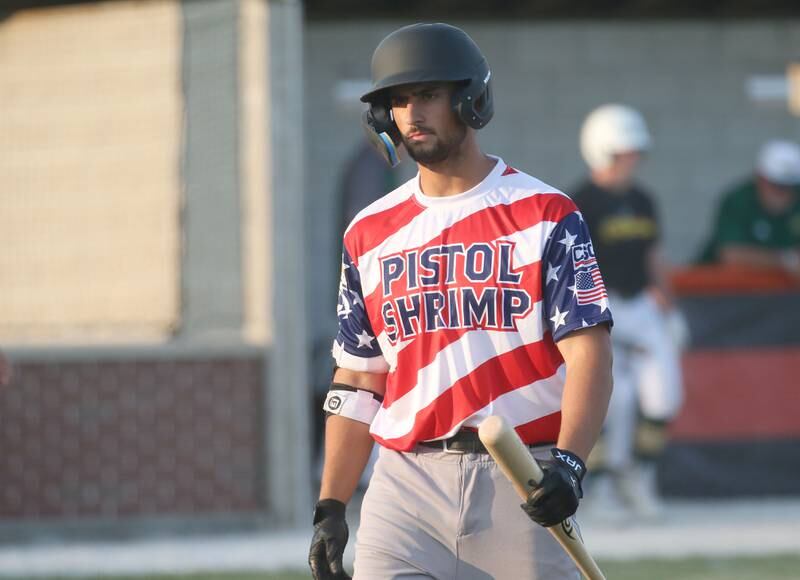 Illinois Valley Pistol Shrimp's Eval Evola walks back to the dugout after batting during a game on Tuesday, June 20, 2023 in Peru.