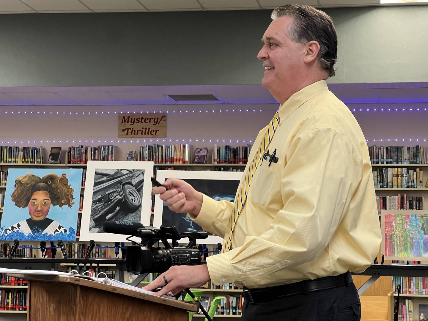 Sycamore High School Principal Tim Carlson, 59, of Sycamore talking while giving his last presentation to Sycamore Community School District 427's Board of Education on April 11, 2023. After working 31 years for the district, Carlson will enter retirement this summer.