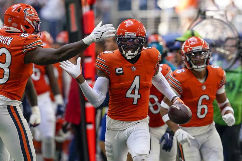 Chicago Bears' Eddie Jackson celebrates his interception during the first half against the Dallas Cowboys Sunday, Oct. 30, 2022, in Arlington, Texas.