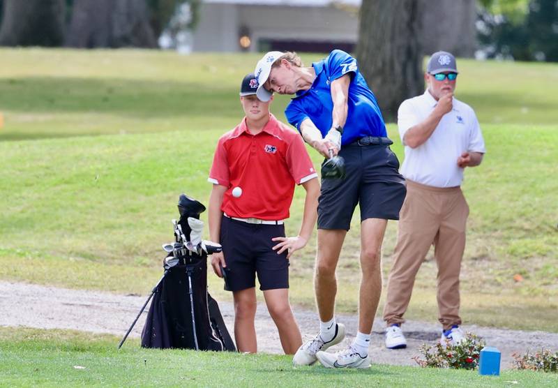 Princeton's Jackson Mason tees off during the Three Rivers Conference Tournament on Tuesday, Sept. 23, 2025 at Chapel Hill Golf Course in Princeton.