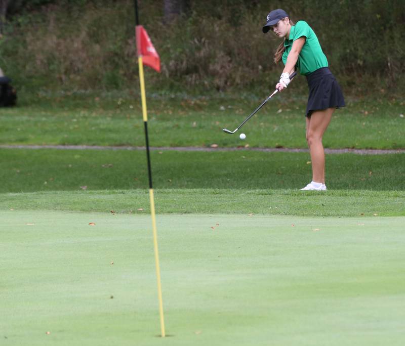 Seneca's Piper Stenzel hits toward the 7th hole during the Class 1A Regional golf meet on Thursday, Sept. 28, 2023 at Spring Creek Golf Course in Spring Valley.