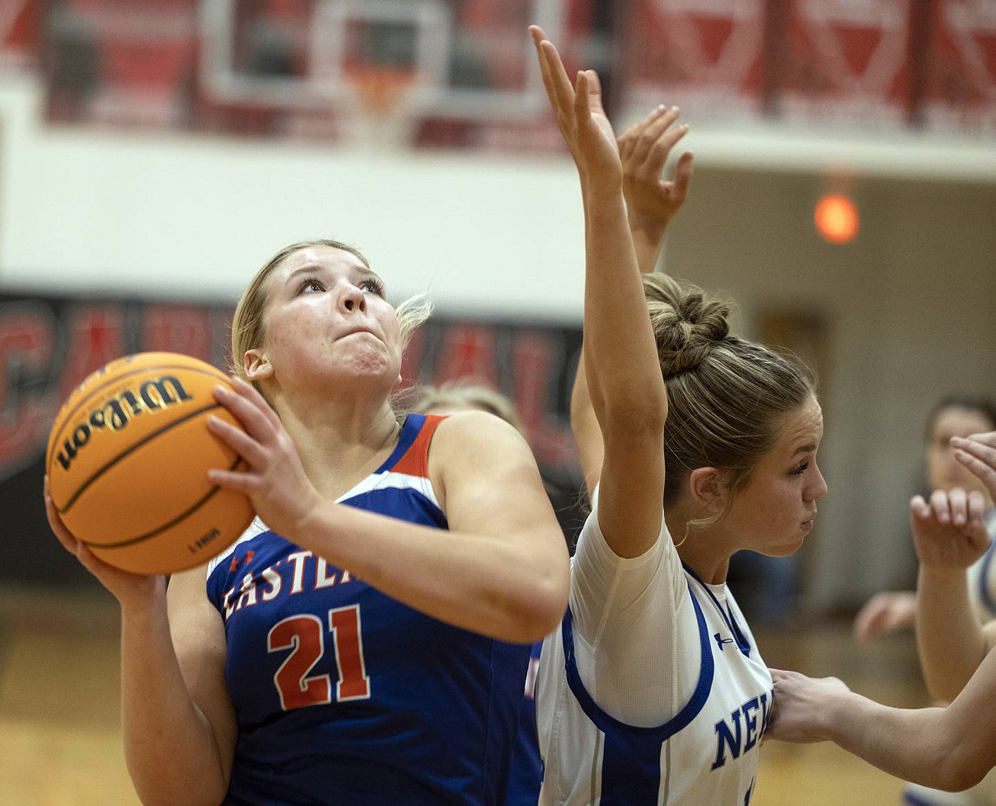 Eastland’s Olivia Klinefelter puts up a shot against Newman Tuesday, Feb. 18, 2025, during the Class 1A girls basketball regional at Forreston.