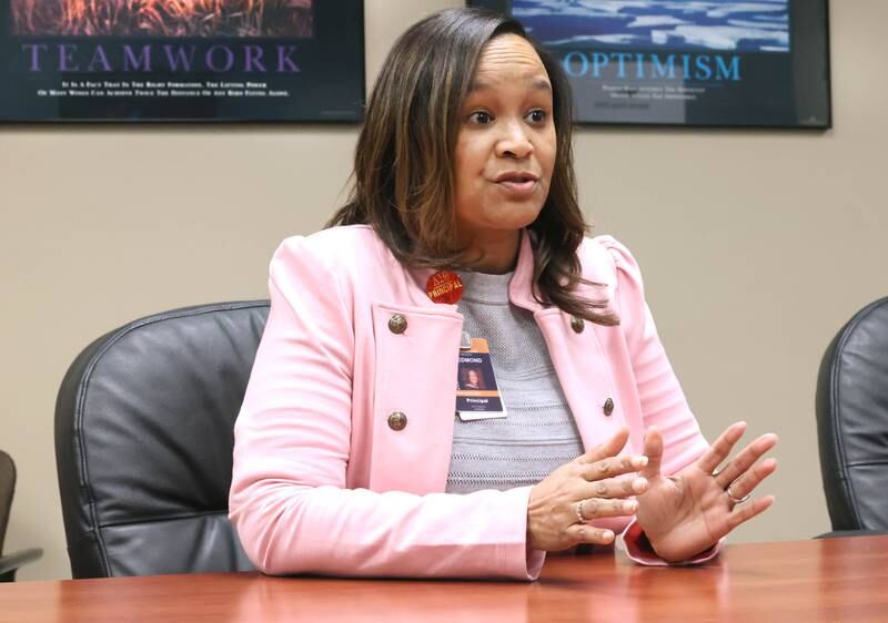 Treveda Redmond, principal at Huntley Middle School, talks about her job and how she enjoys working with kids Tuesday, March 14, 2023, at the school in DeKalb.