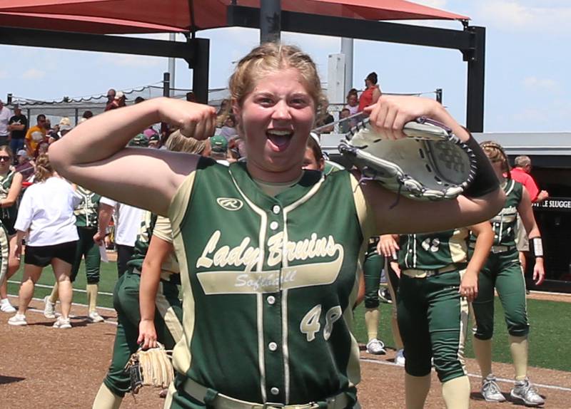 St. Bede's Reagan Stoudt reacts while walking off of the field after defeating Goreville in the Class 1A State semifinal game on Friday, June 2, 2023 at the Louisville Slugger Sports Complex in Peoria.