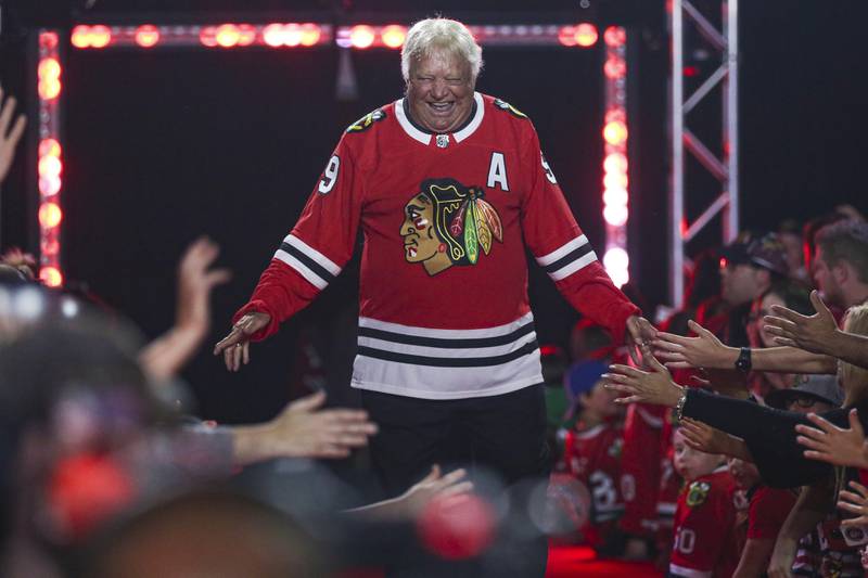 Former Chicago Blackhawks player Bobby Hull is introduced to fans during the team's convention in Chicago, Friday, July 26, 2019.