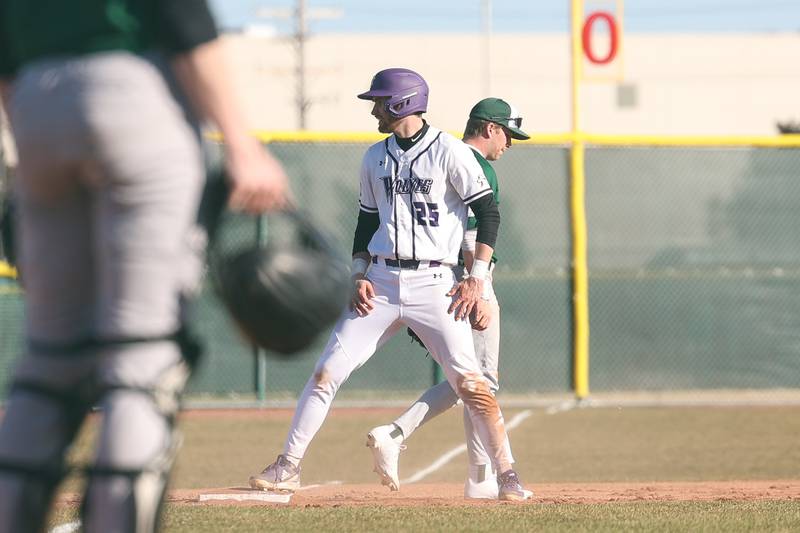 Joliet Junior College’s Brendan Sturm looks to the dugout after a RBI triple against Moraine Valley on Tuesday, March 7th, 2023.