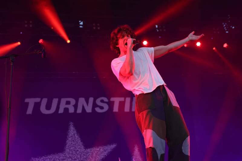 Brendan Yates of Turnstile performs on the Roots Stage on day one of Riot Fest, Friday, Sept. 15, in Chicago.