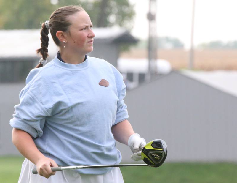 Fieldcrest's Emmie Wells tees off during the Class 1A Regional golf meet on Thursday, Sept. 28, 2023 at Spring Creek Golf Course in Spring Valley.