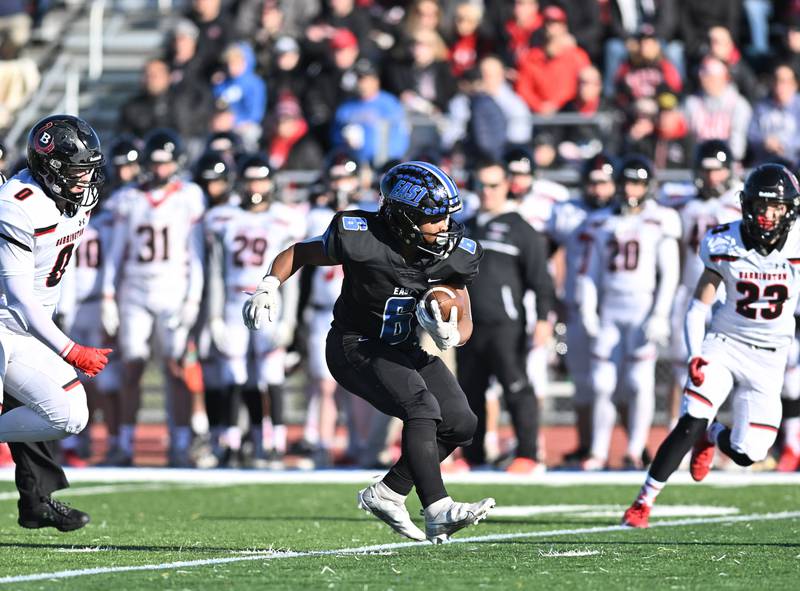 Lincoln-Way East's Nuri Muhammad runs the ball for a big gain during the IHSA class 8A semifinals playoff game against Barrington on Saturday, Nov. 18, 2023, at Frankfort. (Dean Reid for Shaw Local News Network)