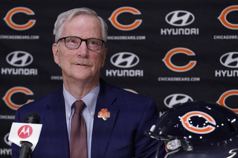 Chicago Bears Chairman George H. McCaskey smiles as he listens to a question during a news conference, Monday, Jan. 31, 2022, at Halas Hall in Lake Forest.