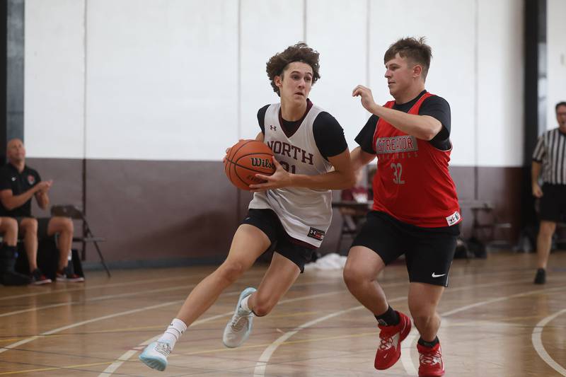 A Plainfield North player makes a move against Streator at the 37th Morris Boys Shootout on Tuesday, June 25, 2024.