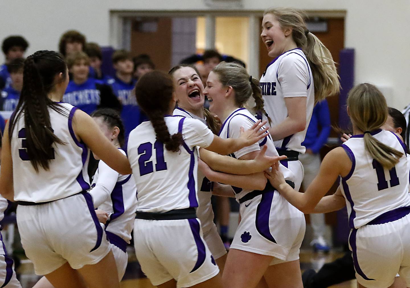 Hampshire players celebrate their 1 point victory over Burlington Central in a Fox Valley Conference girls basketball game Friday, Jan. 20, 2023, at Hampshire High School.